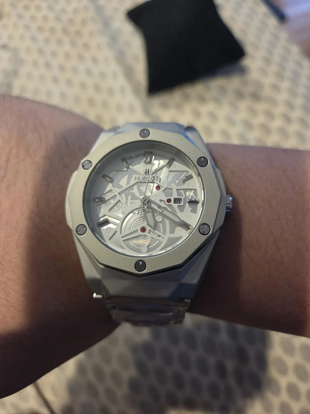 Hubl0t Men's White/Silver Skeleton Dial Bracelet Watch Automatic Heavy Fits Sz 8